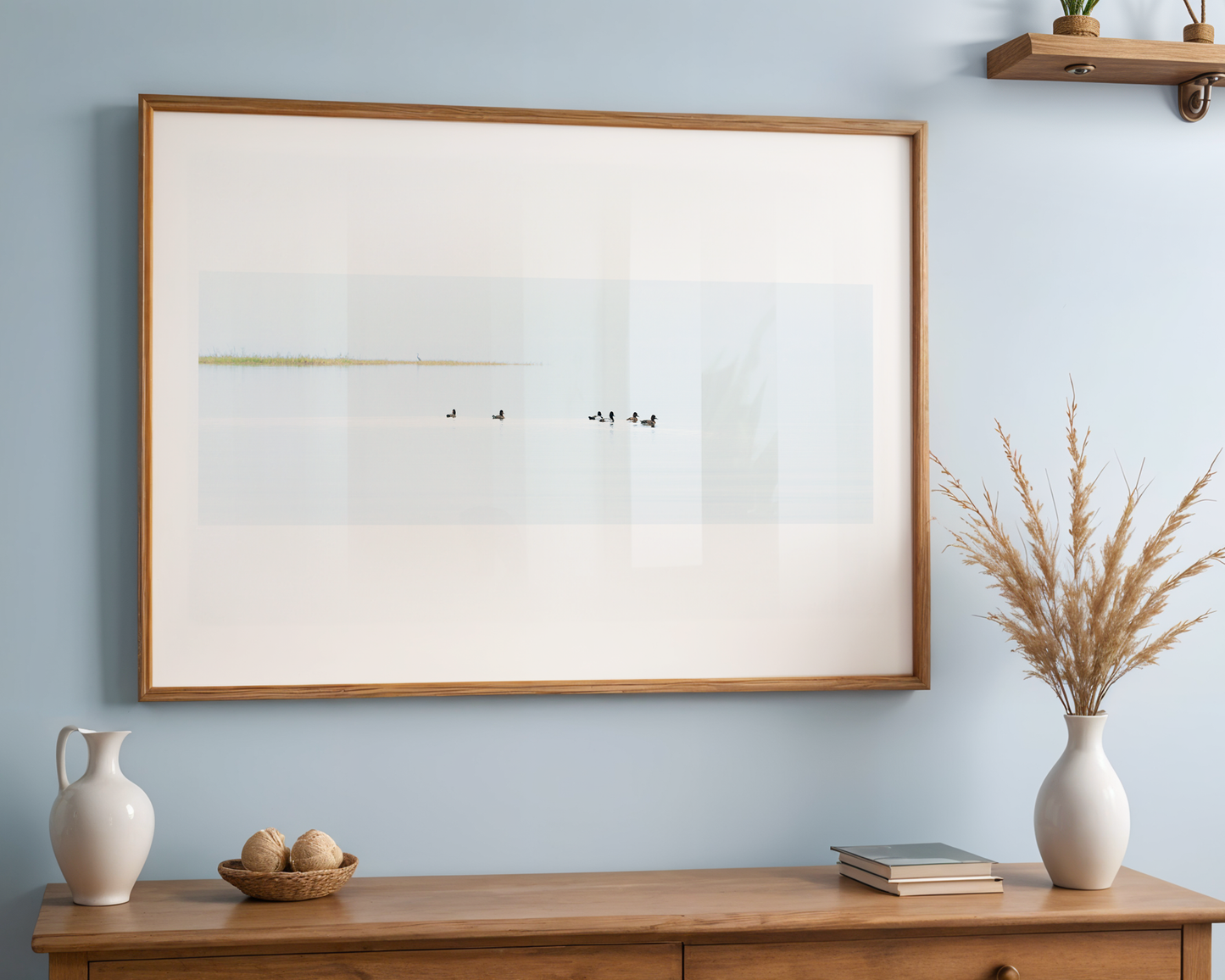 Fine Art Photography of lake with ducks and distant crane, School Limited Edition serene wildlife scene exploring focus, flow, and attention.