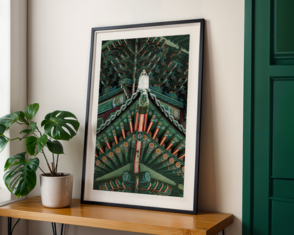 Fine Art Photography of monkey statue framed by temple roofs and nets in Korea, Exhibit Limited Edition exploring structure, contrast, and identity.