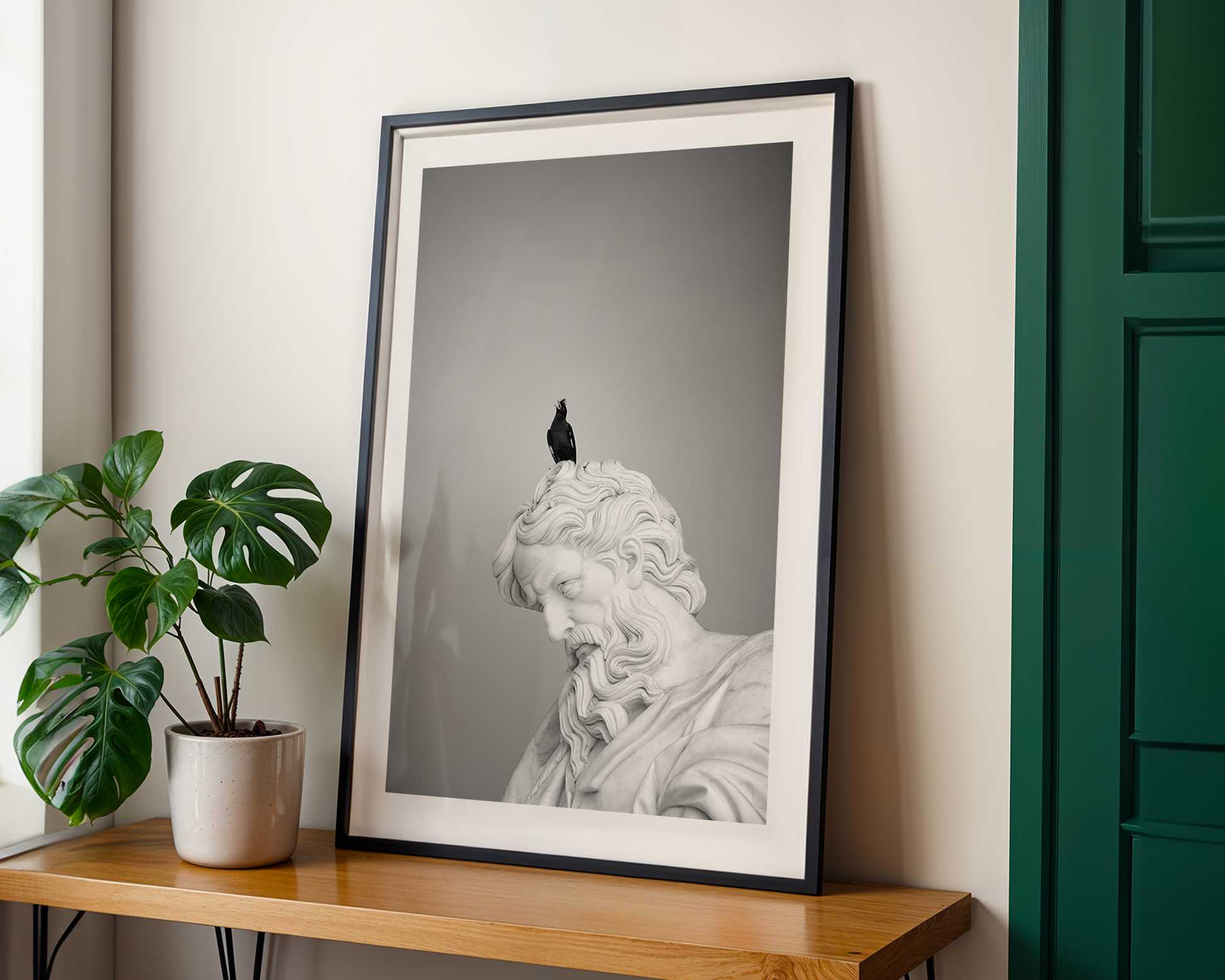 Fine Art Photography of statue and bird facing opposite directions in balanced frame, Dual Quest Limited Edition evoking question, tension, and thought.