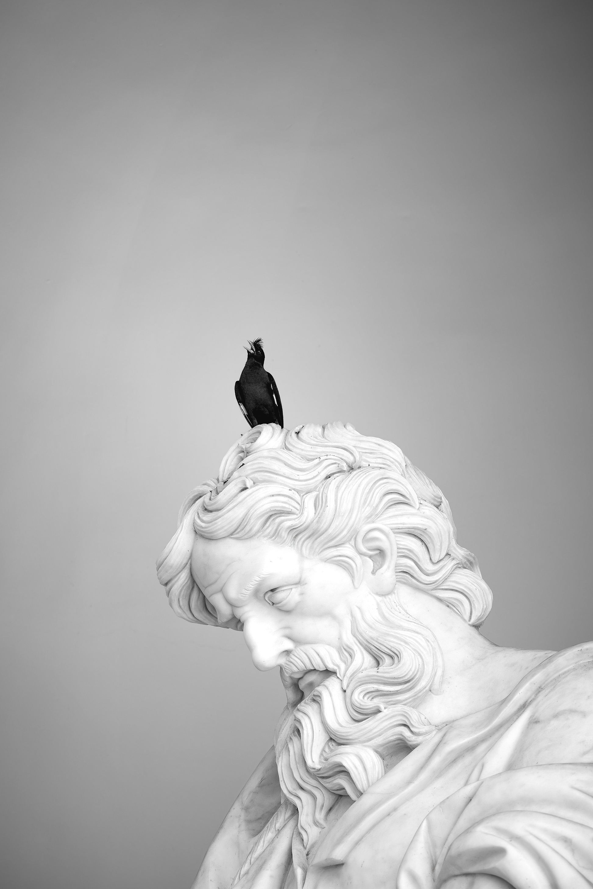 Fine Art Photography of marble statue with bird on head against gradient sky, Dual Quest Limited Edition balanced composition of symbolism and symmetry.